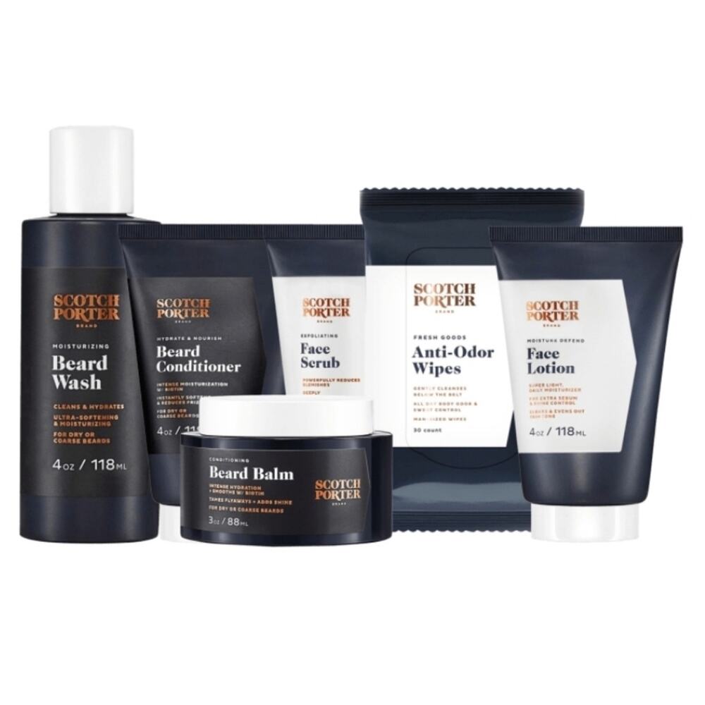 NEW SCOTCH PORTER DELUXE 6 PIECE MENS BEARD & FACE SET WASH CONDITIONER BALM OIL